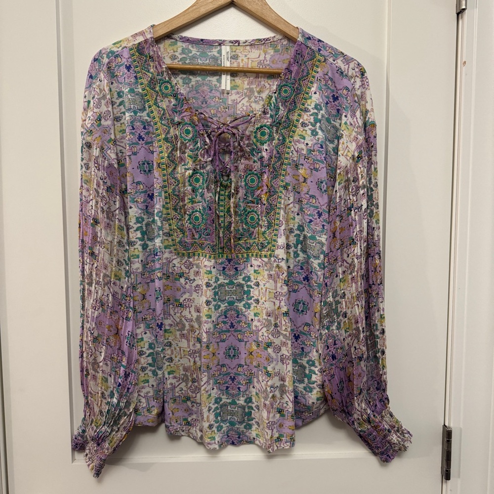 Anthropologie Odetta Pastel Flowy Embroidered Boho Top Blouse Large